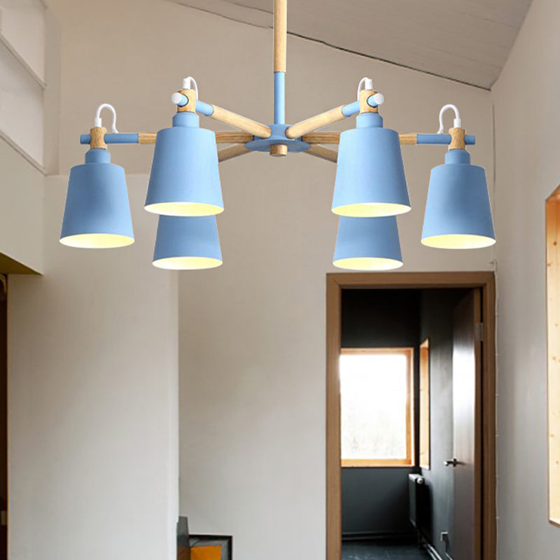 Baby Bedroom Bucket Chandelier Metal Wood 6 Lights Macaron Loft Suspension Light Clearhalo 'Ceiling Lights' 'Chandeliers' Lighting' options 250424
