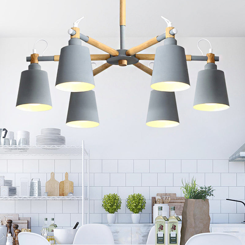 Baby Bedroom Bucket Chandelier Metal Wood 6 Lights Macaron Loft Suspension Light Clearhalo 'Ceiling Lights' 'Chandeliers' Lighting' options 250426