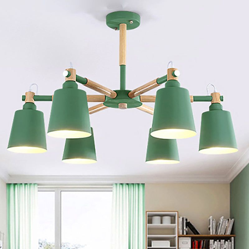 Baby Bedroom Bucket Chandelier Metal Wood 6 Lights Macaron Loft Suspension Light Clearhalo 'Ceiling Lights' 'Chandeliers' Lighting' options 250428