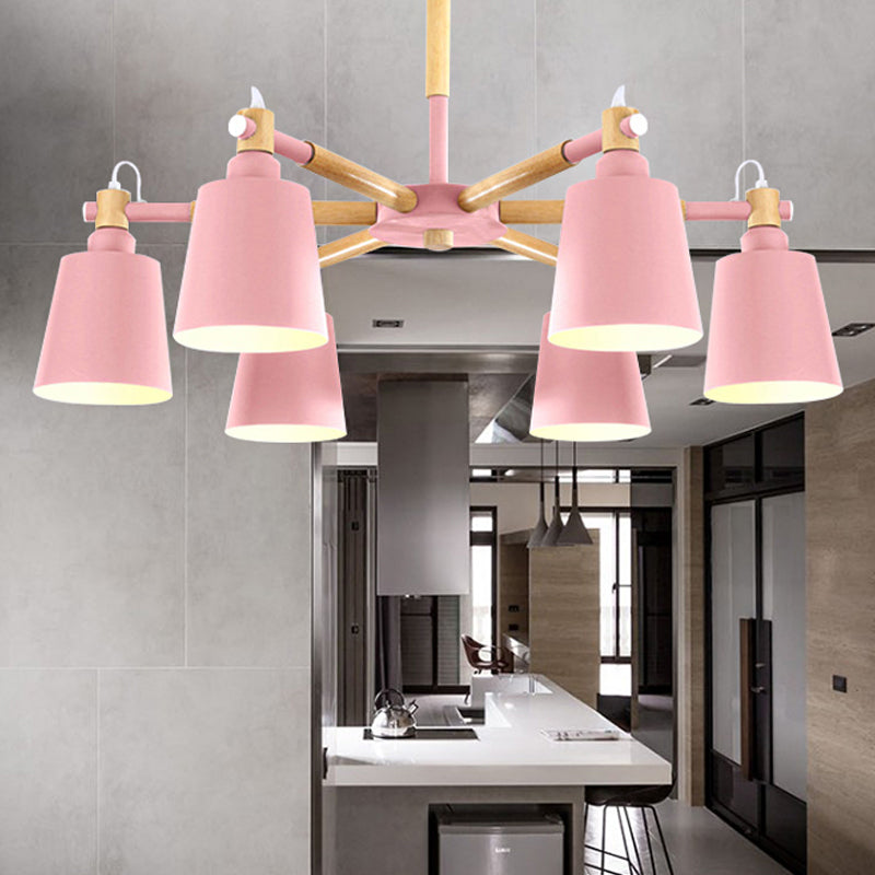 Baby Bedroom Bucket Chandelier Metal Wood 6 Lights Macaron Loft Suspension Light Clearhalo 'Ceiling Lights' 'Chandeliers' Lighting' options 250431