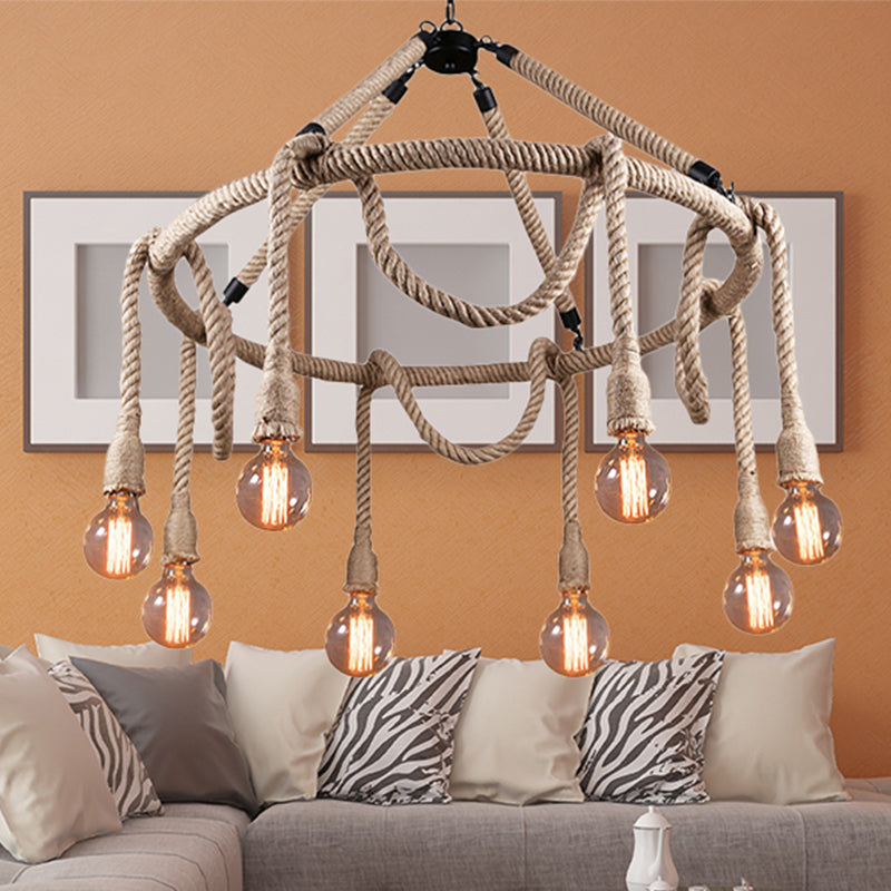 Adjustable Rope Chandelier Pendant Light with Bare Bulb Farmhouse Multi Light Bar Ceiling Fixture in Beige Beige 31.5" Clearhalo 'Ceiling Lights' 'Chandeliers' 'Industrial Chandeliers' 'Industrial' 'Middle Century Chandeliers' 'Tiffany' Lighting' 250453