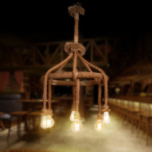Adjustable Rope Chandelier Pendant Light with Bare Bulb Farmhouse Multi Light Bar Ceiling Fixture in Beige Beige 19.5" Clearhalo 'Ceiling Lights' 'Chandeliers' 'Industrial Chandeliers' 'Industrial' 'Middle Century Chandeliers' 'Tiffany' Lighting' 250455