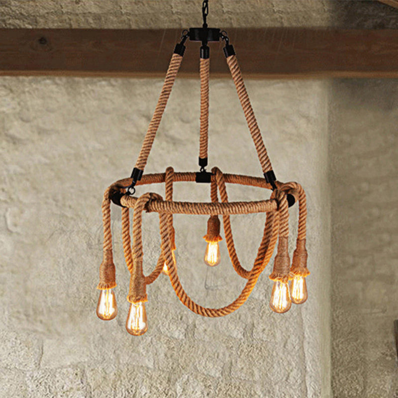 Adjustable Rope Chandelier Pendant Light with Bare Bulb Farmhouse Multi Light Bar Ceiling Fixture in Beige Beige 23.5" Clearhalo 'Ceiling Lights' 'Chandeliers' 'Industrial Chandeliers' 'Industrial' 'Middle Century Chandeliers' 'Tiffany' Lighting' 250457