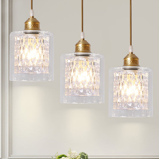 Cylinder Pendant Light with Prismatic Glass Shade Inner Modern 3 Lights Brass Ceiling Light with Linear/Round Canopy Brass Linear Clearhalo 'Ceiling Lights' 'Chandeliers' 'Glass shade' 'Glass' 'Modern Pendants' 'Modern' 'Pendant Lights' 'Pendants' Lighting' 250471