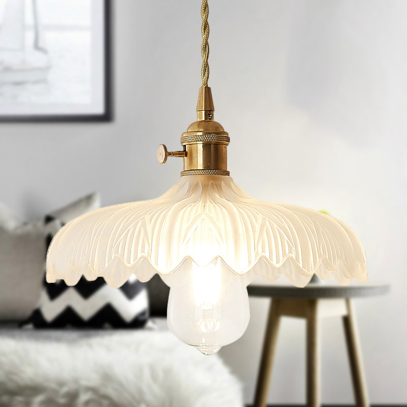 Brass Scalloped Pendant Ceiling Light Farmhouse Frosted Glass 1 Light Living Room Hanging Lamp White Clearhalo 'Ceiling Lights' 'Glass shade' 'Glass' 'Industrial Pendants' 'Industrial' 'Middle Century Pendants' 'Pendant Lights' 'Pendants' 'Tiffany' Lighting' 250477