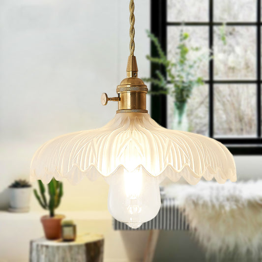 Brass Scalloped Pendant Ceiling Light Farmhouse Frosted Glass 1 Light Living Room Hanging Lamp Clearhalo 'Ceiling Lights' 'Glass shade' 'Glass' 'Industrial Pendants' 'Industrial' 'Middle Century Pendants' 'Pendant Lights' 'Pendants' 'Tiffany' Lighting' 250479