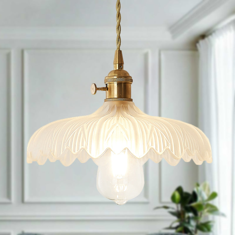Brass Scalloped Pendant Ceiling Light Farmhouse Frosted Glass 1 Light Living Room Hanging Lamp Clearhalo 'Ceiling Lights' 'Glass shade' 'Glass' 'Industrial Pendants' 'Industrial' 'Middle Century Pendants' 'Pendant Lights' 'Pendants' 'Tiffany' Lighting' 250480