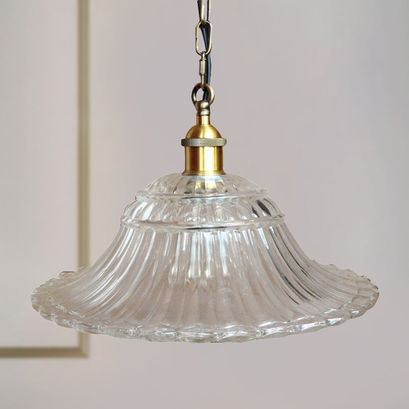 1 Light Scalloped Pendant Lighting Fixture Vintage Brass Ribbed Glass Hanging Ceiling Light Clearhalo 'Ceiling Lights' 'Close To Ceiling Lights' 'Glass shade' 'Glass' 'Industrial Pendants' 'Industrial' 'Middle Century Pendants' 'Pendant Lights' 'Pendants' 'Tiffany' Lighting' 250484