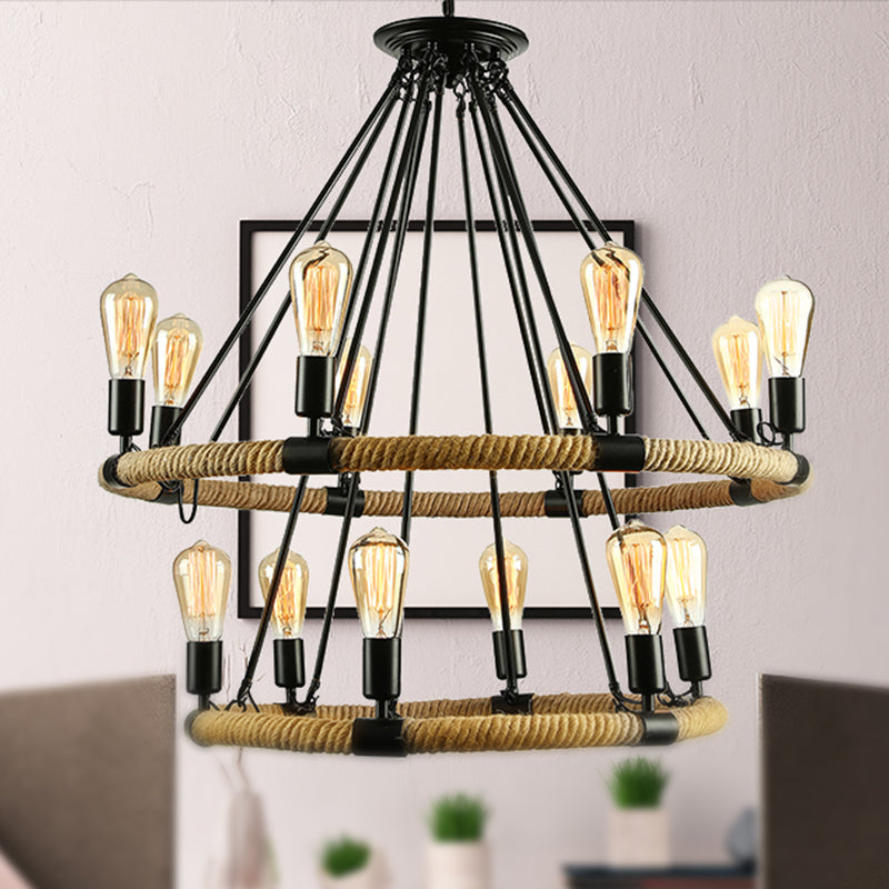 Roped Ring Chandelier Light Fixture Lodge Style 6/8 Heads Kitchen Pendant Lighting with Adjustable Chain in Black 14 Black Clearhalo 'Ceiling Lights' 'Chandeliers' 'Industrial Chandeliers' 'Industrial' 'Middle Century Chandeliers' 'Tiffany' Lighting' 250493