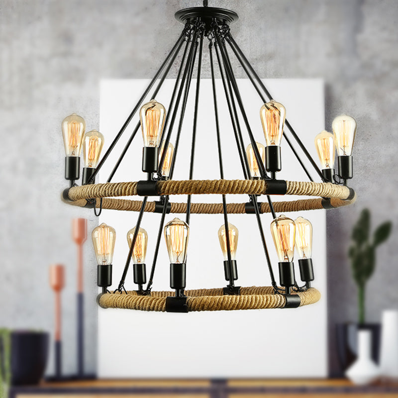 Roped Ring Chandelier Light Fixture Lodge Style 6/8 Heads Kitchen Pendant Lighting with Adjustable Chain in Black Clearhalo 'Ceiling Lights' 'Chandeliers' 'Industrial Chandeliers' 'Industrial' 'Middle Century Chandeliers' 'Tiffany' Lighting' 250494