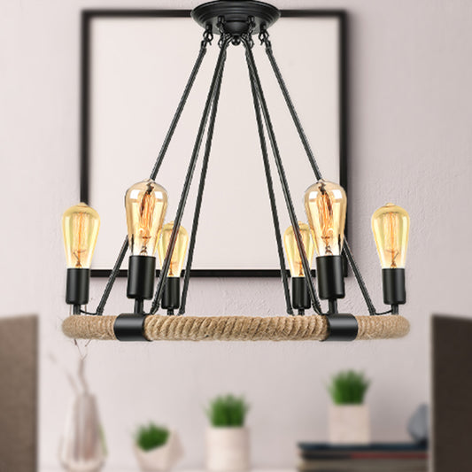 Roped Ring Chandelier Light Fixture Lodge Style 6/8 Heads Kitchen Pendant Lighting with Adjustable Chain in Black Clearhalo 'Ceiling Lights' 'Chandeliers' 'Industrial Chandeliers' 'Industrial' 'Middle Century Chandeliers' 'Tiffany' Lighting' 250496