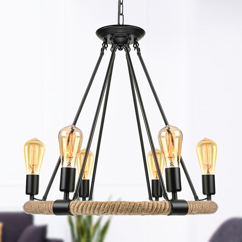 Roped Ring Chandelier Light Fixture Lodge Style 6/8 Heads Kitchen Pendant Lighting with Adjustable Chain in Black Clearhalo 'Ceiling Lights' 'Chandeliers' 'Industrial Chandeliers' 'Industrial' 'Middle Century Chandeliers' 'Tiffany' Lighting' 250497