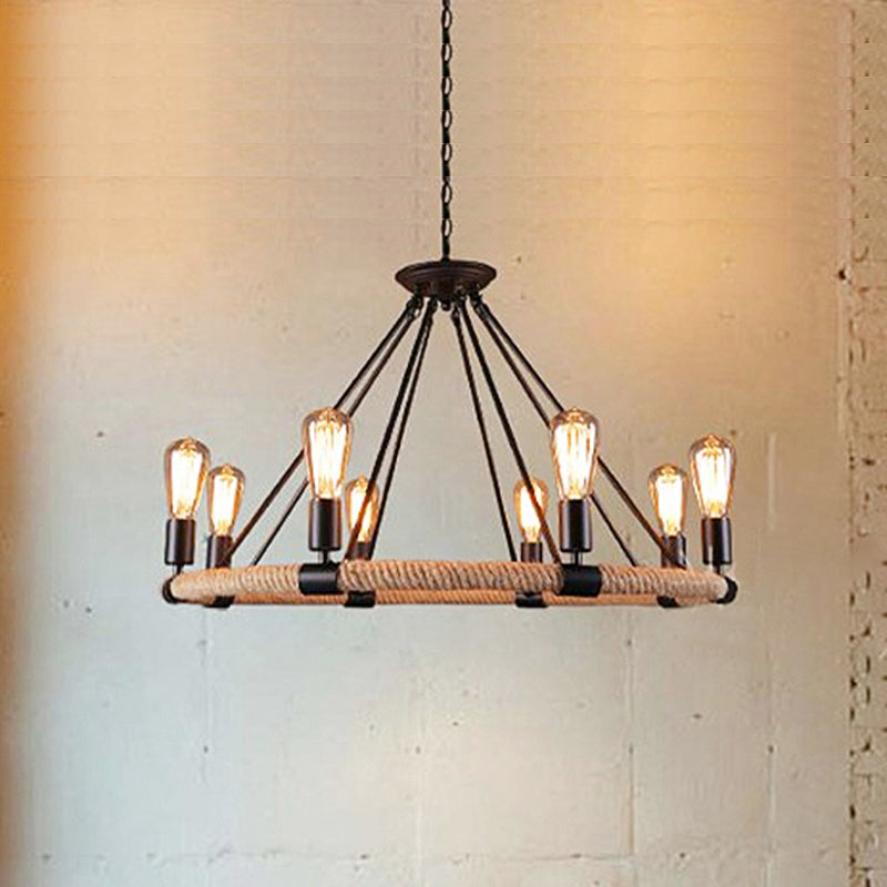 Roped Ring Chandelier Light Fixture Lodge Style 6/8 Heads Kitchen Pendant Lighting with Adjustable Chain in Black 8 Black Clearhalo 'Ceiling Lights' 'Chandeliers' 'Industrial Chandeliers' 'Industrial' 'Middle Century Chandeliers' 'Tiffany' Lighting' 250498