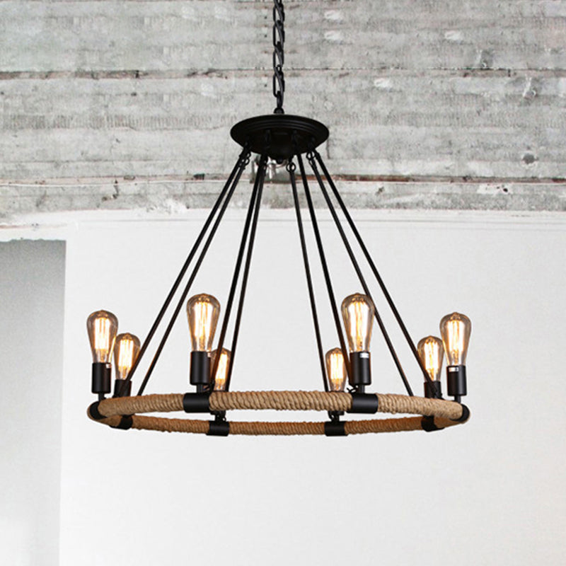 Roped Ring Chandelier Light Fixture Lodge Style 6/8 Heads Kitchen Pendant Lighting with Adjustable Chain in Black Clearhalo 'Ceiling Lights' 'Chandeliers' 'Industrial Chandeliers' 'Industrial' 'Middle Century Chandeliers' 'Tiffany' Lighting' 250499