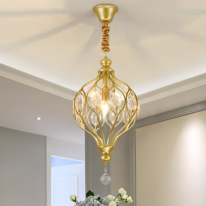 Wire Cage Pendant Light Fixture Contemporary Metal 1 Light Black/Brass Pendulum Light with Crystal Accent Brass Clearhalo 'Ceiling Lights' 'Modern Pendants' 'Modern' 'Pendant Lights' 'Pendants' Lighting' 250528