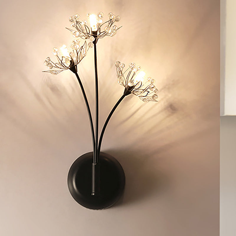 Black Dandelion Sconce Light Vintage 3 Lights Crystal Wall Mount Light for Stairway Black Clearhalo 'Cast Iron' 'Glass' 'Industrial' 'Modern wall lights' 'Modern' 'Tiffany' 'Traditional wall lights' 'Wall Lamps & Sconces' 'Wall Lights' Lighting' 250550