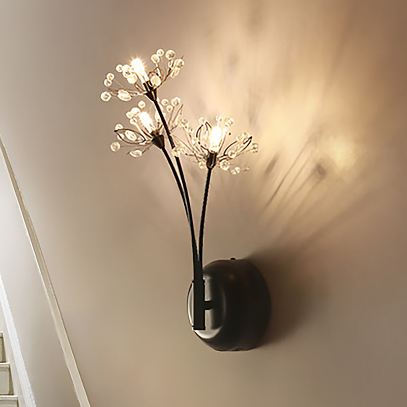 Black Dandelion Sconce Light Vintage 3 Lights Crystal Wall Mount Light for Stairway Clearhalo 'Cast Iron' 'Glass' 'Industrial' 'Modern wall lights' 'Modern' 'Tiffany' 'Traditional wall lights' 'Wall Lamps & Sconces' 'Wall Lights' Lighting' 250551