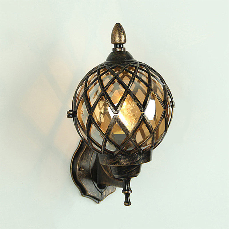 1 Light Amber Glass Wall Sconce Light Industrial Black Globe Dining Room Lighting Fixture with Cage Clearhalo 'Art deco wall lights' 'Cast Iron' 'Glass' 'Industrial wall lights' 'Industrial' 'Middle century wall lights' 'Modern' 'Rustic wall lights' 'Tiffany' 'Traditional wall lights' 'Wall Lamps & Sconces' 'Wall Lights' Lighting' 250573