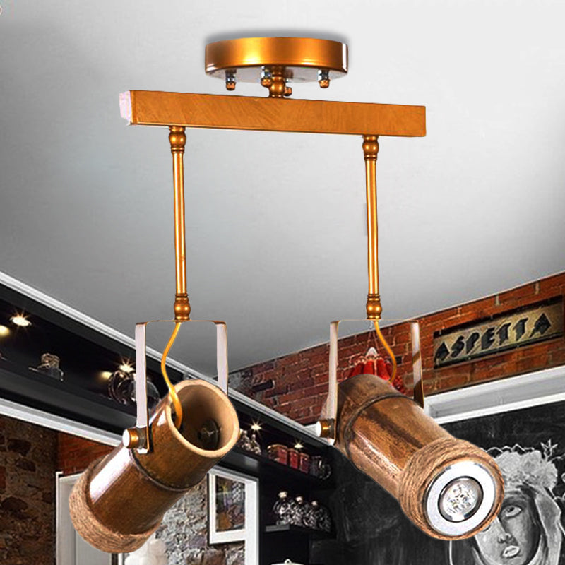 1/2/3-Light Tube Semi Flush Light Lodge Stylish Wood Metal and Bamboo Adjustable Ceiling Fixture for Restaurant 2 Wood Clearhalo 'Ceiling Lights' 'Close To Ceiling Lights' 'Close to ceiling' 'Semi-flushmount' Lighting' 250587
