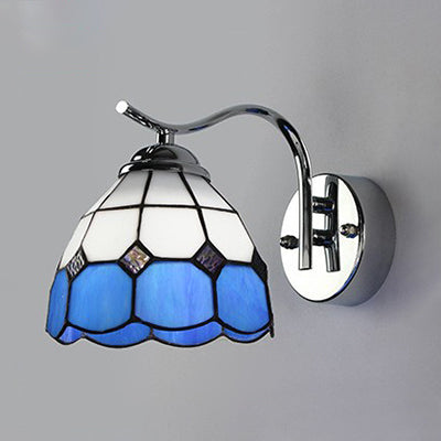 Industrial Vintage Gooseneck Wall Light Stained Glass 1 Light Wall Sconce Lighting in Clear/Blue Blue Clearhalo 'Industrial' 'Middle century wall lights' 'Tiffany wall lights' 'Tiffany' 'Wall Lamps & Sconces' 'Wall Lights' Lighting' 25061