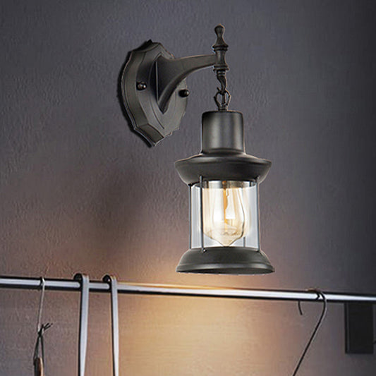 Clear Glass Black Sconce Light Lantern 1-Light Industrial Wall Lamp Fixture for Kitchen Clearhalo 'Art deco wall lights' 'Cast Iron' 'Glass' 'Industrial wall lights' 'Industrial' 'Middle century wall lights' 'Modern' 'Rustic wall lights' 'Tiffany' 'Traditional wall lights' 'Wall Lamps & Sconces' 'Wall Lights' Lighting' 250634