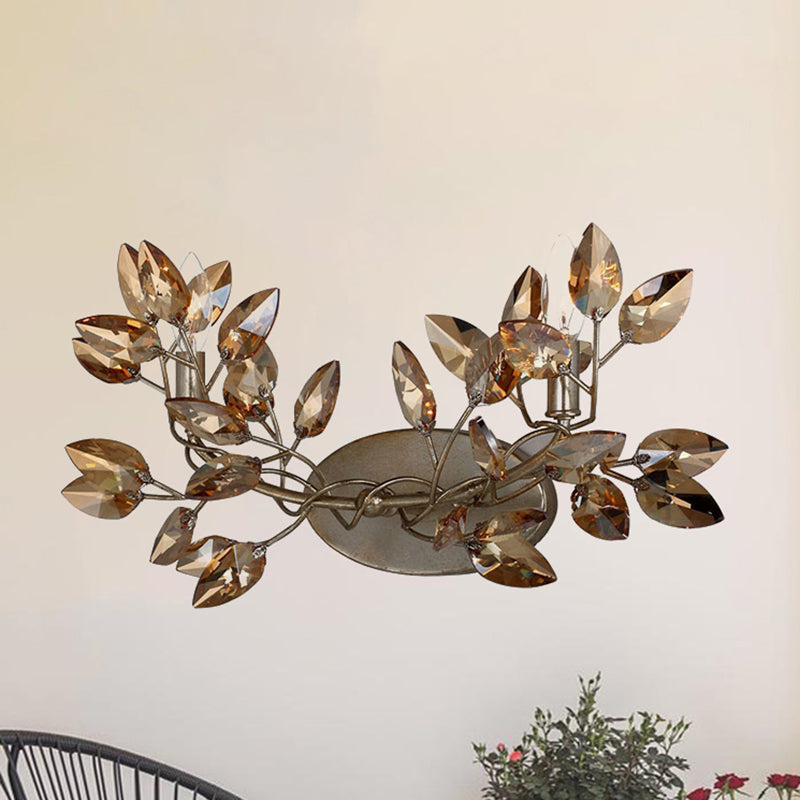 Leaf Sconce Light Modern Crystal 2 Lights Gold/Silver Wall Mount Light for Living Room Clearhalo 'Art deco wall lights' 'Cast Iron' 'Glass' 'Industrial wall lights' 'Industrial' 'Middle century wall lights' 'Modern' 'Rustic wall lights' 'Tiffany' 'Traditional wall lights' 'Wall Lamps & Sconces' 'Wall Lights' Lighting' 250638