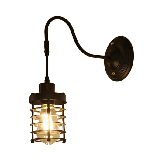 Metal Cylinder/Hexagon Caged Wall Hanging Light Farmhouse 1 Bulb Restaurant Wall Mount Fixture in Black Clearhalo 'Art deco wall lights' 'Cast Iron' 'Glass' 'Industrial wall lights' 'Industrial' 'Middle century wall lights' 'Modern' 'Rustic wall lights' 'Tiffany' 'Traditional wall lights' 'Wall Lamps & Sconces' 'Wall Lights' Lighting' 250663