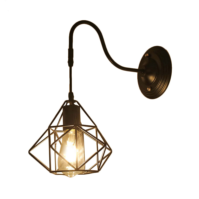 Metal Cylinder/Hexagon Caged Wall Hanging Light Farmhouse 1 Bulb Restaurant Wall Mount Fixture in Black Clearhalo 'Art deco wall lights' 'Cast Iron' 'Glass' 'Industrial wall lights' 'Industrial' 'Middle century wall lights' 'Modern' 'Rustic wall lights' 'Tiffany' 'Traditional wall lights' 'Wall Lamps & Sconces' 'Wall Lights' Lighting' 250671