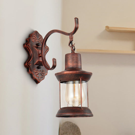 Weathered Copper One Light Sconce Light Rustic Style Clear Glass Kerosene Lighting Fixture Clearhalo 'Art deco wall lights' 'Cast Iron' 'Glass' 'Industrial wall lights' 'Industrial' 'Middle century wall lights' 'Modern' 'Rustic wall lights' 'Tiffany' 'Traditional wall lights' 'Wall Lamps & Sconces' 'Wall Lights' Lighting' 250675