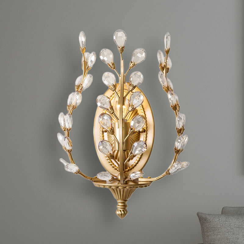 Gold Vine Wall Lamp with Amber/Clear Crystal Leaf Modern 1 Light Metal Sconce Light Fixture for Living Room Clear Clearhalo 'Wall Lamps & Sconces' 'Wall Lights' Lighting' 250677