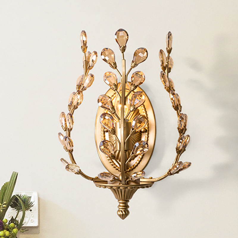 Gold Vine Wall Lamp with Amber/Clear Crystal Leaf Modern 1 Light Metal Sconce Light Fixture for Living Room Amber Clearhalo 'Wall Lamps & Sconces' 'Wall Lights' Lighting' 250679