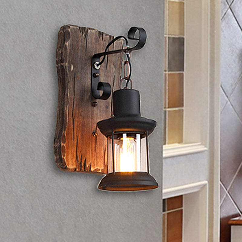 Black One Light Sconce Light Rustic Clear Glass Caged Lighting Fixture with Wooden Backplate Black Clearhalo 'Industrial wall lights' 'Industrial' 'Middle century wall lights' 'Rustic wall lights' 'Tiffany' 'Wall Lamps & Sconces' 'Wall Lights' Lighting' 250695