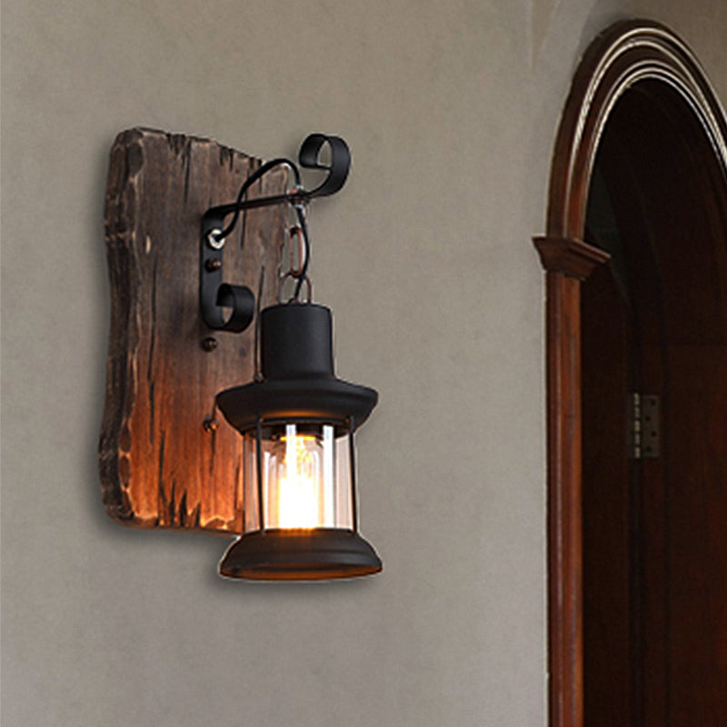 Black One Light Sconce Light Rustic Clear Glass Caged Lighting Fixture with Wooden Backplate Clearhalo 'Industrial wall lights' 'Industrial' 'Middle century wall lights' 'Rustic wall lights' 'Tiffany' 'Wall Lamps & Sconces' 'Wall Lights' Lighting' 250696