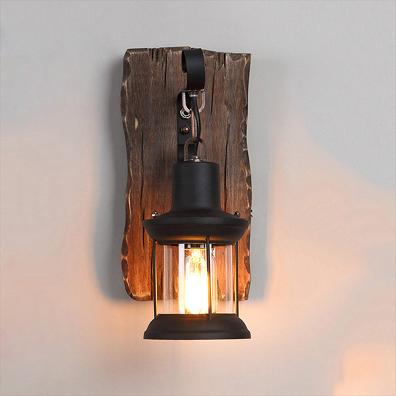 Black One Light Sconce Light Rustic Clear Glass Caged Lighting Fixture with Wooden Backplate Clearhalo 'Industrial wall lights' 'Industrial' 'Middle century wall lights' 'Rustic wall lights' 'Tiffany' 'Wall Lamps & Sconces' 'Wall Lights' Lighting' 250697