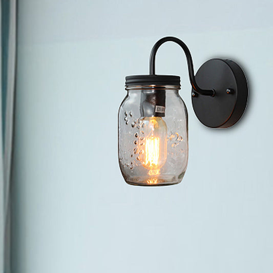 Black Jar Shade Wall Lighting Industrial Clear Glass 1 Light Bedroom Sconce Light Fixture with Flower Grain Clearhalo 'Cast Iron' 'Glass' 'Industrial' 'Modern wall lights' 'Modern' 'Tiffany' 'Traditional wall lights' 'Wall Lamps & Sconces' 'Wall Lights' Lighting' 250705