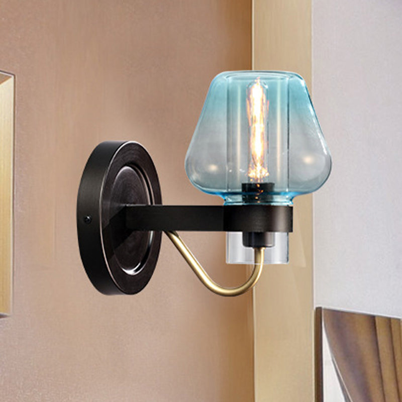 Tapered Shade Bedroom Wall Light Fixture Modern Blue Glass 1 Light Black Sconce Lamp Blue Clearhalo 'Cast Iron' 'Glass' 'Industrial' 'Modern wall lights' 'Modern' 'Tiffany' 'Traditional wall lights' 'Wall Lamps & Sconces' 'Wall Lights' Lighting' 250727