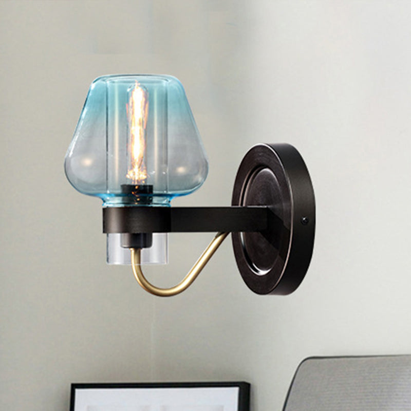Tapered Shade Bedroom Wall Light Fixture Modern Blue Glass 1 Light Black Sconce Lamp Clearhalo 'Cast Iron' 'Glass' 'Industrial' 'Modern wall lights' 'Modern' 'Tiffany' 'Traditional wall lights' 'Wall Lamps & Sconces' 'Wall Lights' Lighting' 250728