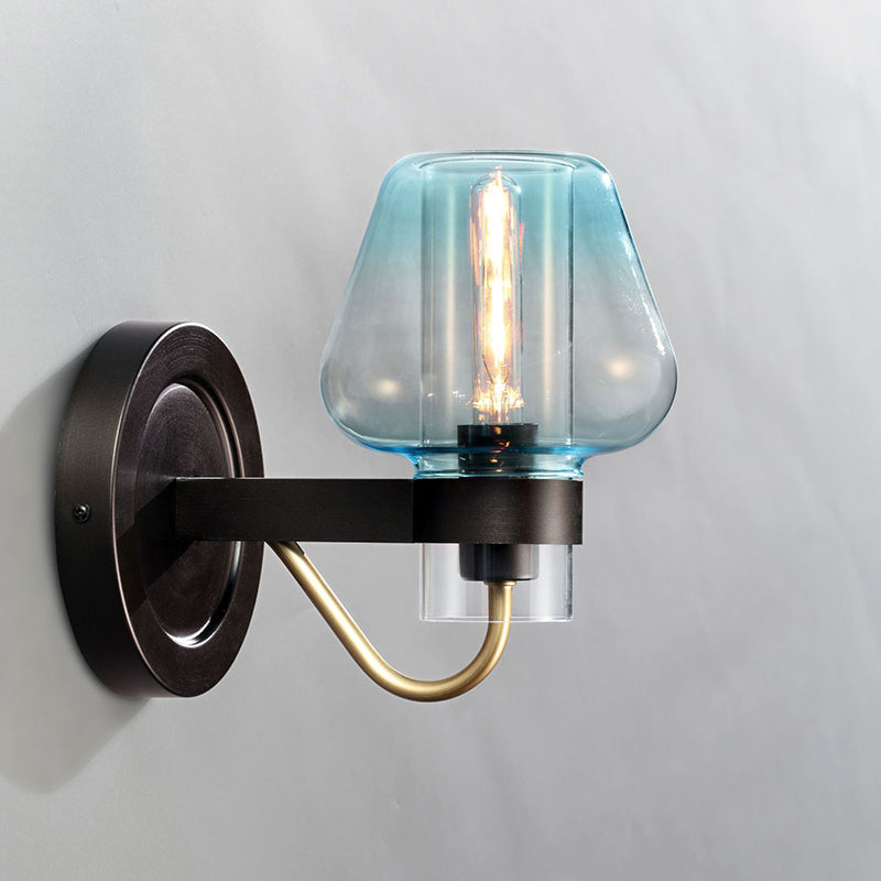 Tapered Shade Bedroom Wall Light Fixture Modern Blue Glass 1 Light Black Sconce Lamp Clearhalo 'Cast Iron' 'Glass' 'Industrial' 'Modern wall lights' 'Modern' 'Tiffany' 'Traditional wall lights' 'Wall Lamps & Sconces' 'Wall Lights' Lighting' 250729