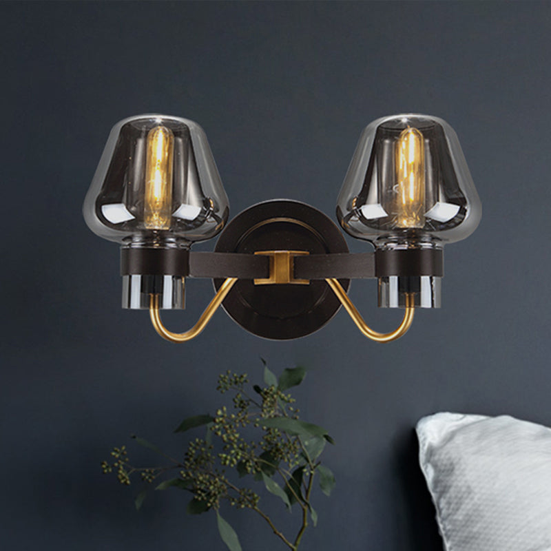 2-Bulb Wall Light with Mushroom Shade Smoked Glass Modern Bedroom Sconce Lighting Fixture Clearhalo 'Cast Iron' 'Glass' 'Industrial wall lights' 'Industrial' 'Middle century wall lights' 'Modern' 'Tiffany' 'Traditional wall lights' 'Wall Lamps & Sconces' 'Wall Lights' Lighting' 250748