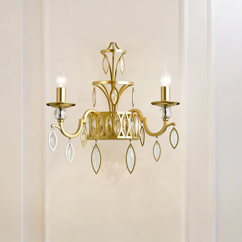Candelabra Metal Wall Mounted Light Rustic 2 Lights Brass Sconce Light with Teardrop Crystal Drop Brass Clearhalo 'Modern wall lights' 'Modern' 'Wall Lamps & Sconces' 'Wall Lights' Lighting' 250750