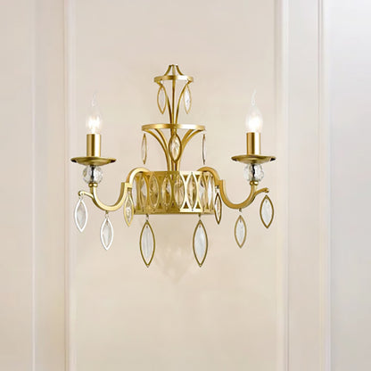 Candelabra Metal Wall Mounted Light Rustic 2 Lights Brass Sconce Light with Teardrop Crystal Drop Brass Clearhalo 'Modern wall lights' 'Modern' 'Wall Lamps & Sconces' 'Wall Lights' Lighting' 250750