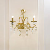 Candelabra Metal Wall Mounted Light Rustic 2 Lights Brass Sconce Light with Teardrop Crystal Drop Brass Clearhalo 'Modern wall lights' 'Modern' 'Wall Lamps & Sconces' 'Wall Lights' Lighting' 250750