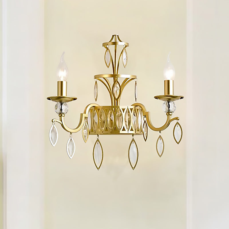Candelabra Metal Wall Mounted Light Rustic 2 Lights Brass Sconce Light with Teardrop Crystal Drop Clearhalo 'Modern wall lights' 'Modern' 'Wall Lamps & Sconces' 'Wall Lights' Lighting' 250751