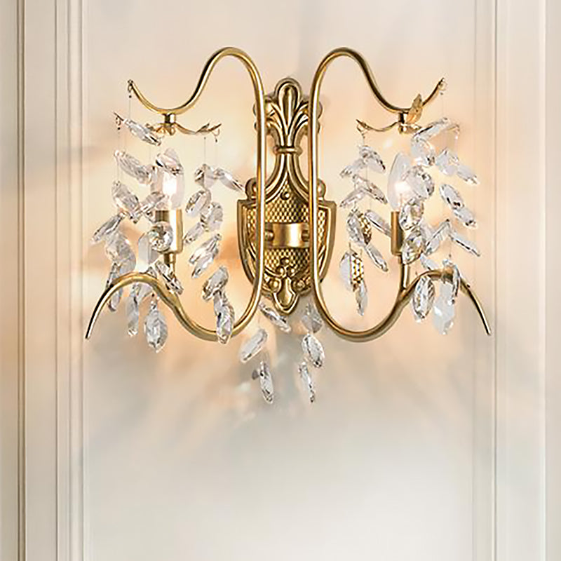 Curve Arm Wall Light Contemporary Metal 2 Light Brass Sconce Light with Clear Crystal Strand Brass Clearhalo 'Modern wall lights' 'Modern' 'Wall Lamps & Sconces' 'Wall Lights' Lighting' 250754