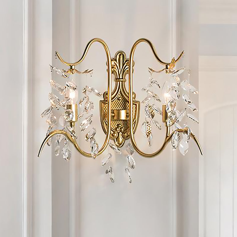 Curve Arm Wall Light Contemporary Metal 2 Light Brass Sconce Light with Clear Crystal Strand Clearhalo 'Modern wall lights' 'Modern' 'Wall Lamps & Sconces' 'Wall Lights' Lighting' 250755