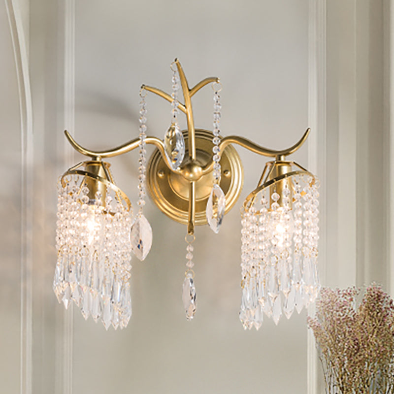 Contemporary 2 Lights Wall Light with Crystal Shade Brass Branch Sconce Light Fixture Clearhalo 'Wall Lamps & Sconces' 'Wall Lights' Lighting' 250764