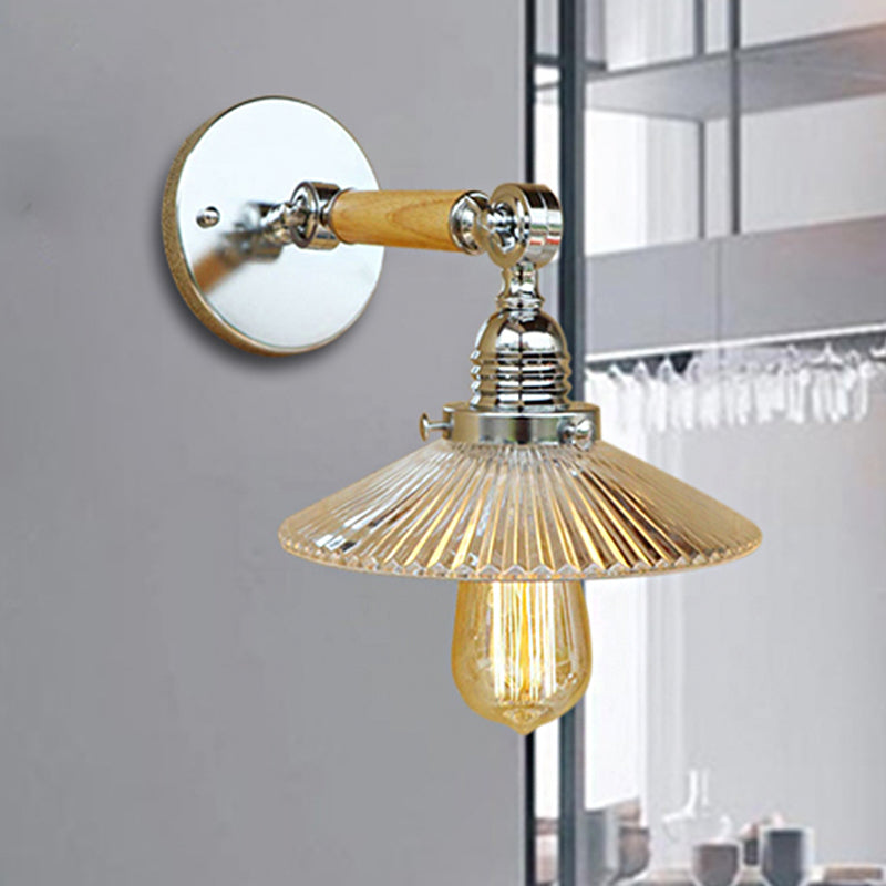 1 Light Clear Ribbed Glass Wall Sconce Light Industrial Chrome Cone Living Room Lighting Fixture, 8"/4"/6" Wide Wooden Arm Clear Clearhalo 'Cast Iron' 'Glass' 'Industrial wall lights' 'Industrial' 'Middle century wall lights' 'Modern' 'Tiffany' 'Traditional wall lights' 'Wall Lamps & Sconces' 'Wall Lights' Lighting' 250794