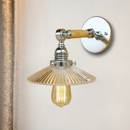 1 Light Clear Ribbed Glass Wall Sconce Light Industrial Chrome Cone Living Room Lighting Fixture, 8"/4"/6" Wide Wooden Arm Clearhalo 'Cast Iron' 'Glass' 'Industrial wall lights' 'Industrial' 'Middle century wall lights' 'Modern' 'Tiffany' 'Traditional wall lights' 'Wall Lamps & Sconces' 'Wall Lights' Lighting' 250796