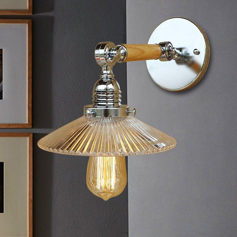 1 Light Clear Ribbed Glass Wall Sconce Light Industrial Chrome Cone Living Room Lighting Fixture, 8"/4"/6" Wide Wooden Arm Clearhalo 'Cast Iron' 'Glass' 'Industrial wall lights' 'Industrial' 'Middle century wall lights' 'Modern' 'Tiffany' 'Traditional wall lights' 'Wall Lamps & Sconces' 'Wall Lights' Lighting' 250797