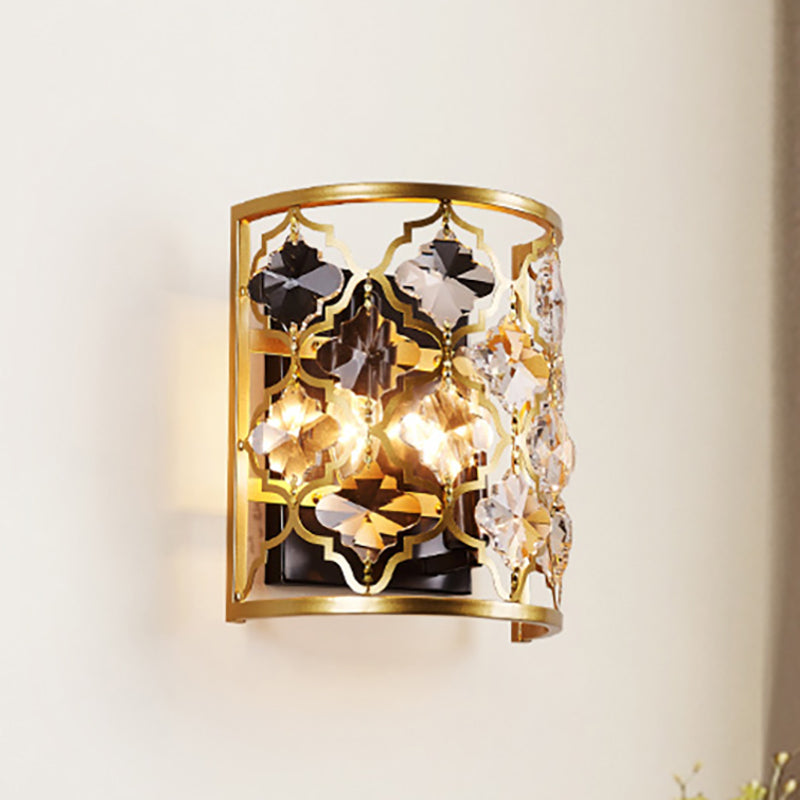 Half-Cylinder Wall Lighting Vintage Stylish Metallic 2 Lights Brass Wall Mounted Lamp with Clear Crystal Accent Brass Clearhalo 'Cast Iron' 'Glass' 'Industrial' 'Modern wall lights' 'Modern' 'Tiffany' 'Traditional wall lights' 'Wall Lamps & Sconces' 'Wall Lights' Lighting' 250800
